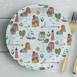 Plato De Papel Patrón azul claro náutico niño fiesta de ducha de 