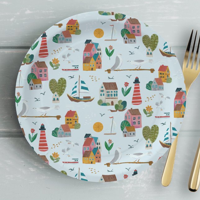 Plato De Papel Patrón azul claro náutico niño fiesta de ducha de  (Nautical boy baby shower party paper plates)