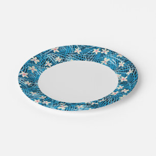 Plato De Papel Patrón azul de hojas de palma