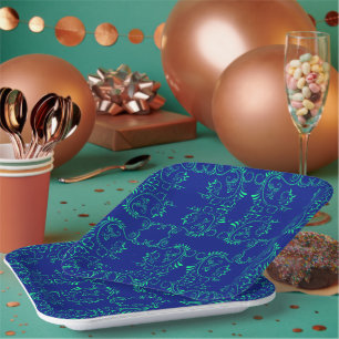 Plato De Papel Patrón azul de las cepas abstractas verdes