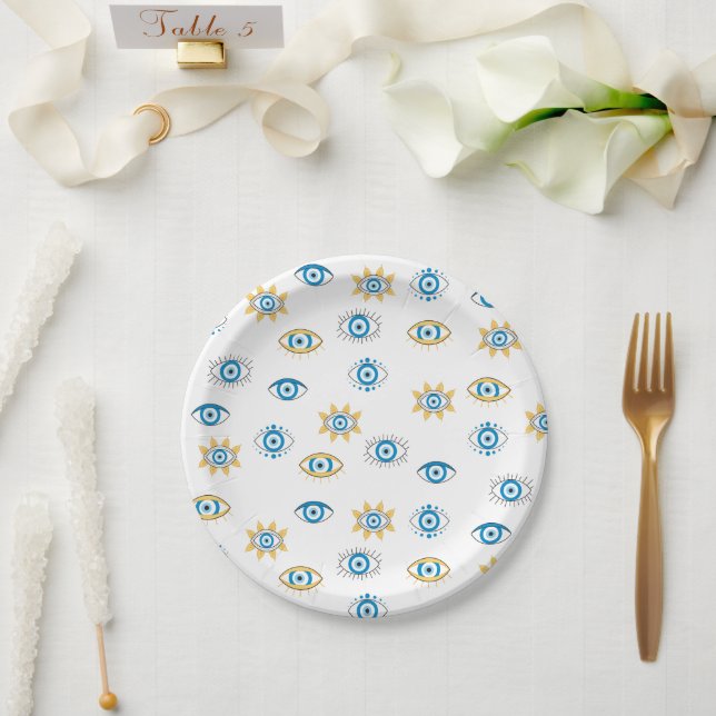 Plato De Papel Patrón azul, oro y blanco de Mati de ojos griegos (Boda)