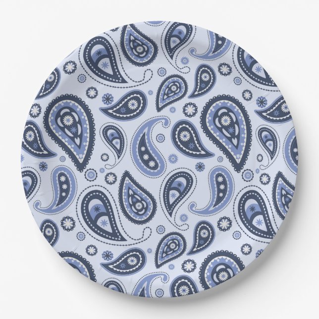 Plato De Papel Patrón azul paisley (Anverso)