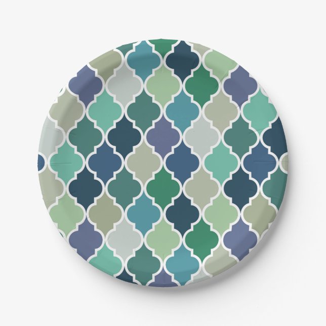 Plato De Papel Patrón azul, verde y turquesa de quatrefol (Anverso)