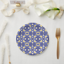 Plato De Papel Patrón azul y amarillo de mosaicos mediterráneos
