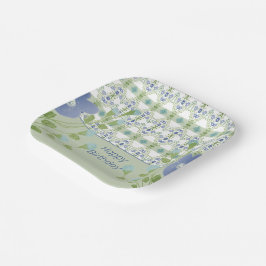 Plato De Papel Patrón Azul Y Floral