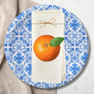 Plato De Papel Patrón Azulejo Azul y Blanco de Baldosas Mediterrá