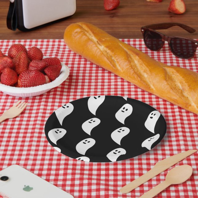Plato De Papel Patrón blanco blanco negro de Ghost Halloween (Picnic)