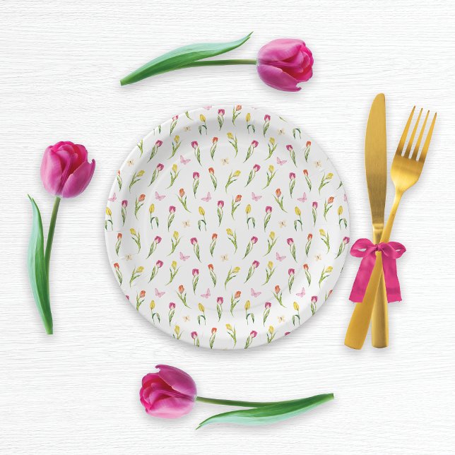 Plato De Papel Patrón blanco de tulipanes y mariposas (Subido por el creador)
