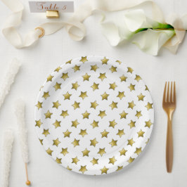 Plato De Papel Patrón blanco elegante de estrellas doradas