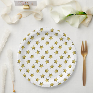 Plato De Papel Patrón blanco elegante de estrellas doradas