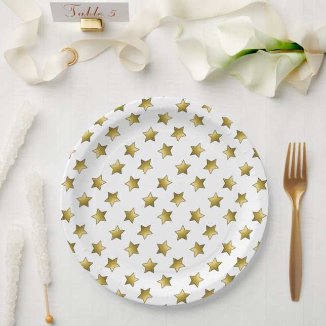 Plato De Papel Patrón blanco elegante de estrellas doradas (Boda)