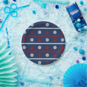 Plato De Papel Patrón Blanco Rojo Y Océano Azul