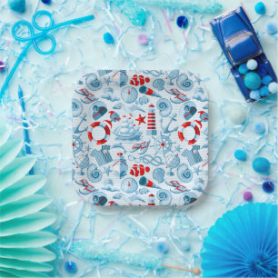Plato De Papel Patrón Blanco Y Azul Náutico Rojo