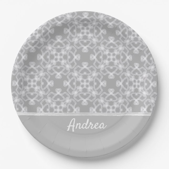 Plato De Papel Patrón blanco y gris personalizado (Anverso)