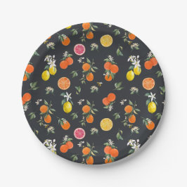 Plato De Papel Patrón Botánico de Naranja y Limón Oscuro