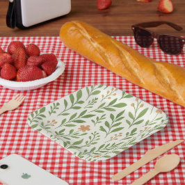 Plato De Papel Patrón botánico minimalista con hojas verdes