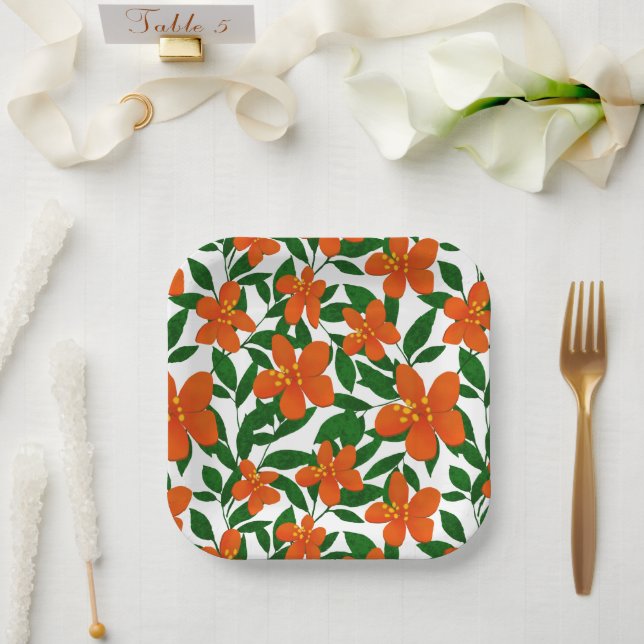 Plato De Papel Patrón botánico verde floral rojo naranja (Boda)