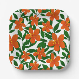 Plato De Papel Patrón botánico verde floral rojo naranja