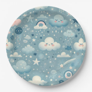 Plato De Papel Patrón caprichoso de cielo con nubes, estrellas - 