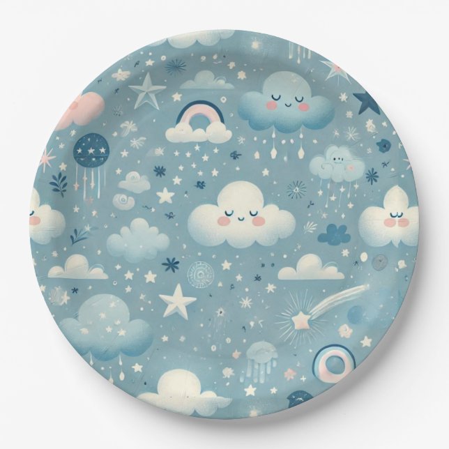 Plato De Papel Patrón caprichoso de cielo con nubes, estrellas -  (Anverso)