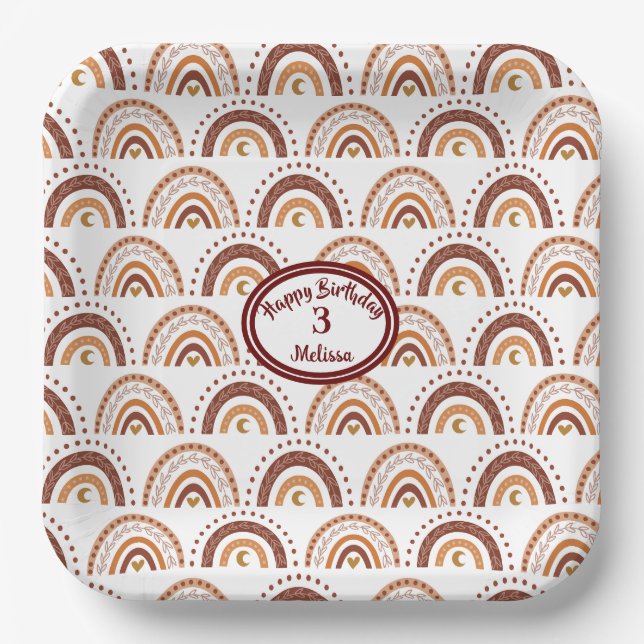 Plato De Papel Patrón caprichoso del arcoiris de Cuadros Marrones (Anverso)