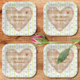 Plato De Papel Patrón cardíaco alegre pastel Verde y marrón