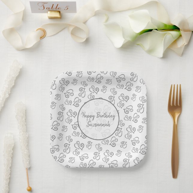 Plato De Papel Patrón cardíaco gris personalizado personalizado (Boda)