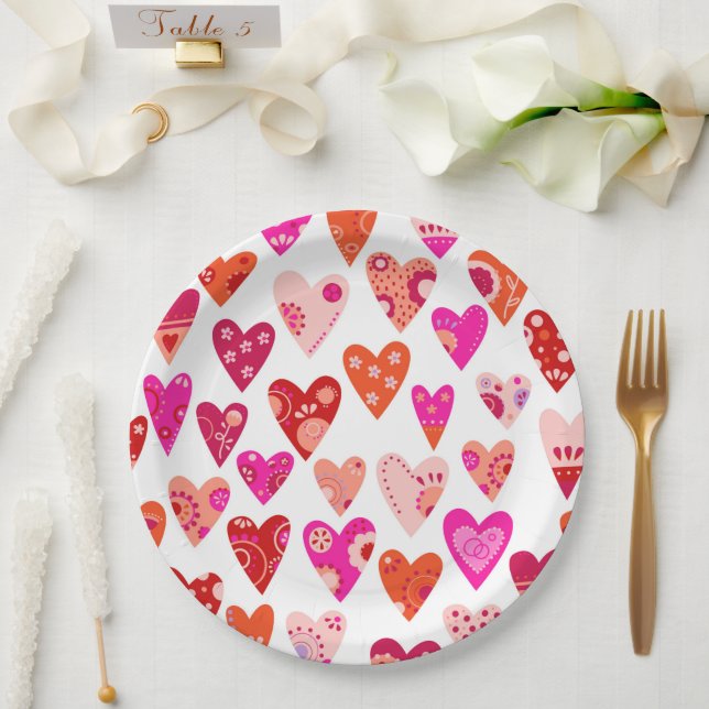 Plato De Papel Patrón cardíaco rosa rojo (Boda)