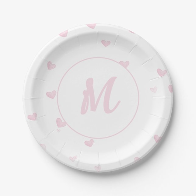 Plato De Papel Patrón cardíaco rosado Girly Romántico Monogramado (Anverso)