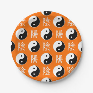 Plato De Papel Patrón chino de Yin Yang naranja