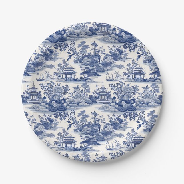 Plato De Papel Patrón Chinoiserie personalizado Pagoda Azul (Anverso)