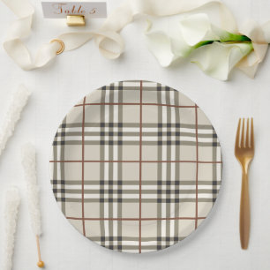 Plato De Papel Patrón Clásico Acogedor de Cuadros Neutros