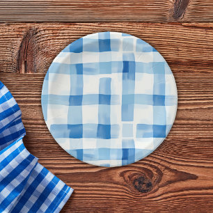 Plato De Papel Patrón clásico azul y blanco de Gingham revisado