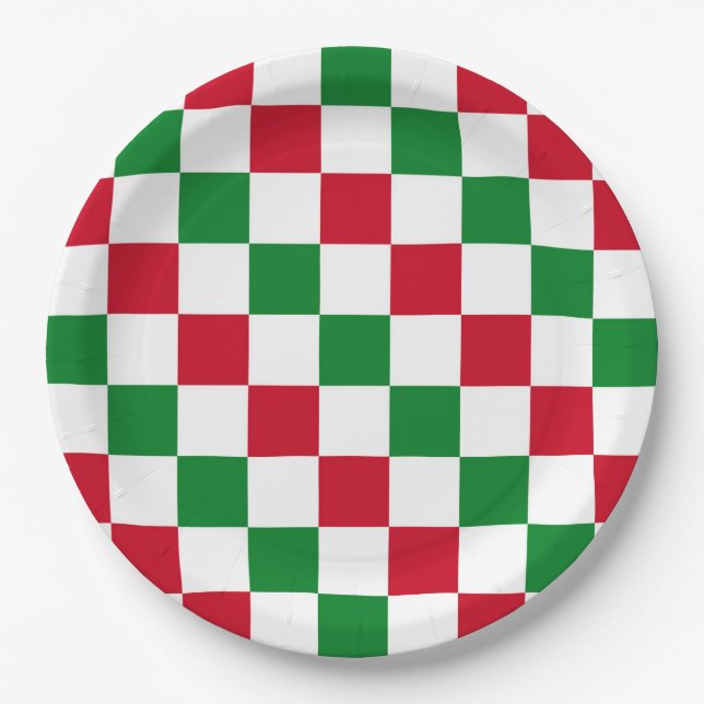Plato De Papel Patrón clásico de ajedrez de Navidad (Anverso)