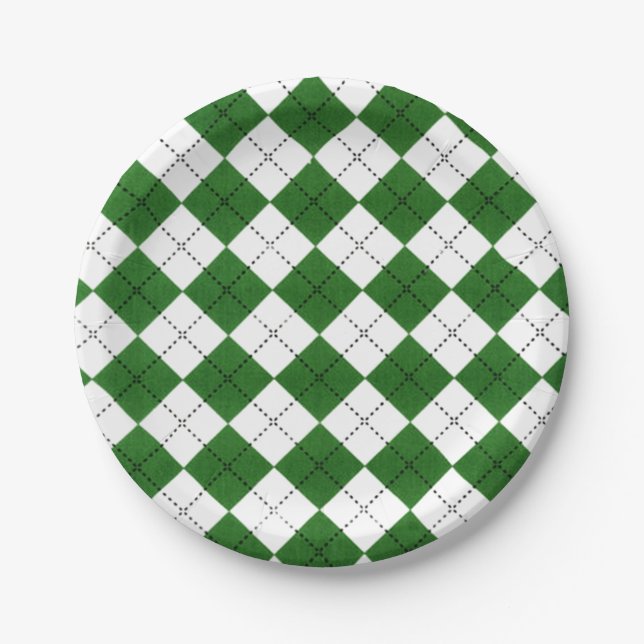 Plato De Papel Patrón Clásico de Argyle Verde y Blanco (Anverso)