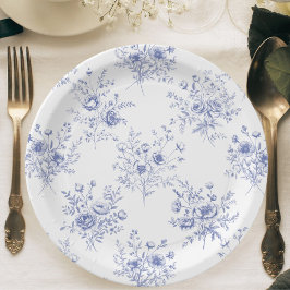 Plato De Papel Patrón clásico de flores azules Toile azul francés