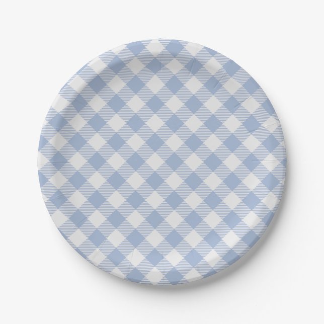 Plato De Papel Patrón clásico de gingham azul claro con estampado (Anverso)