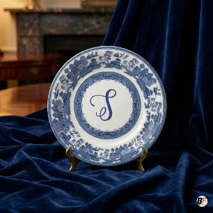 Plato De Papel Patrón Clásico de Sauce Azul con Monograma de Letr