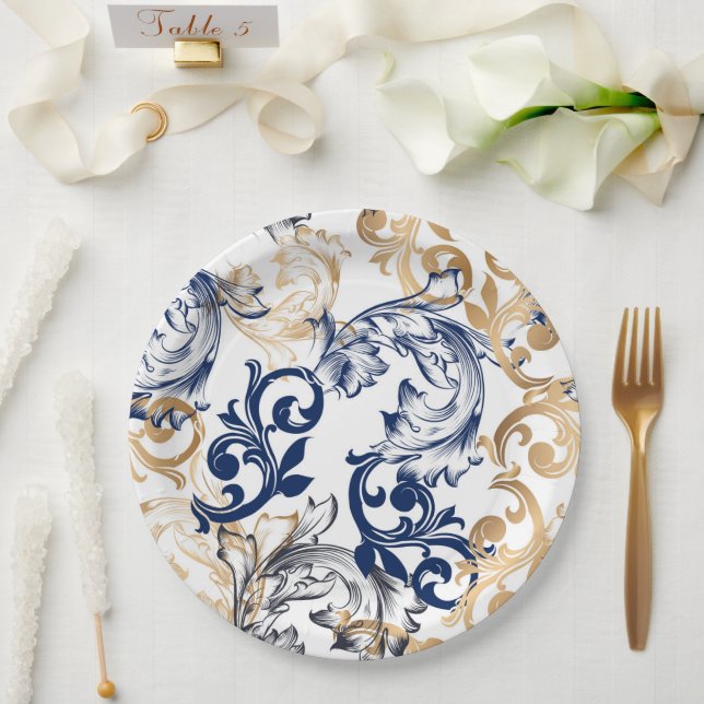 Plato De Papel Patrón clásico retro de estilo barroco (Boda)