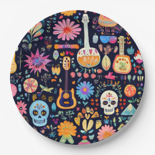 Plato De Papel Patrón colorido de Dia de los muertos
