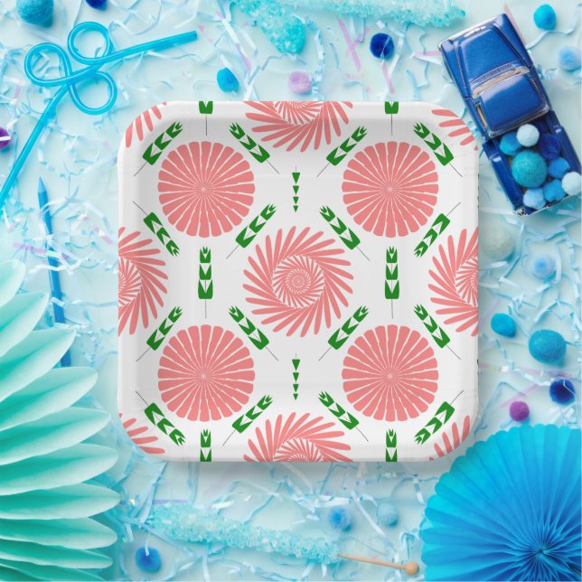 Plato De Papel patrón con flores rosas (Fiesta)