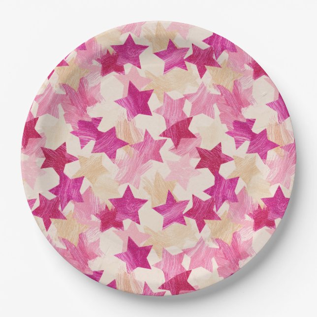 Plato De Papel Patrón continuo de estrella angustiado rosa (Anverso)