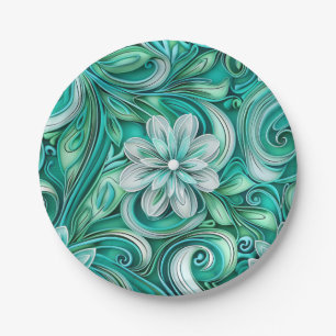 Plato De Papel Patrón continuo de flor de papel azul verdoso