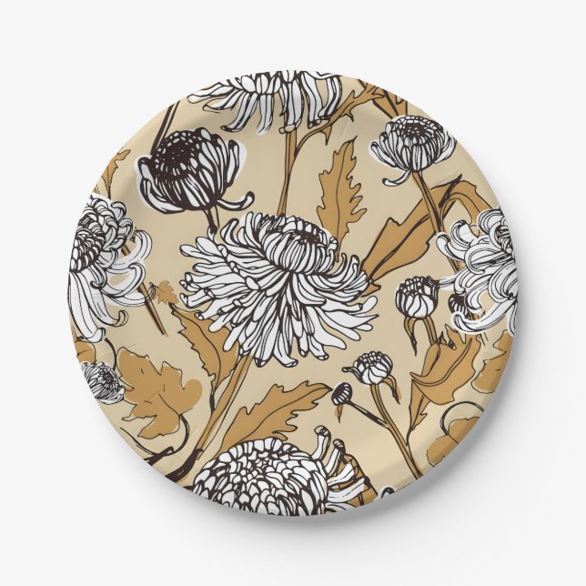 Plato De Papel Patrón continuo de flores de crisantemo (Anverso)