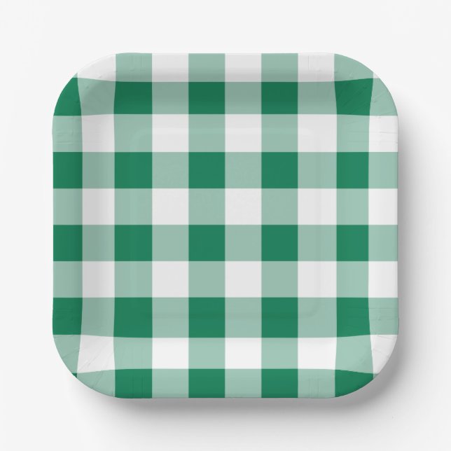 Plato De Papel Patrón continuo de gingham verde clásico (Anverso)