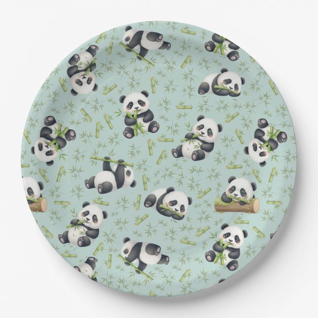 Plato De Papel Patrón continuo de panda lindo y bambú (Anverso)