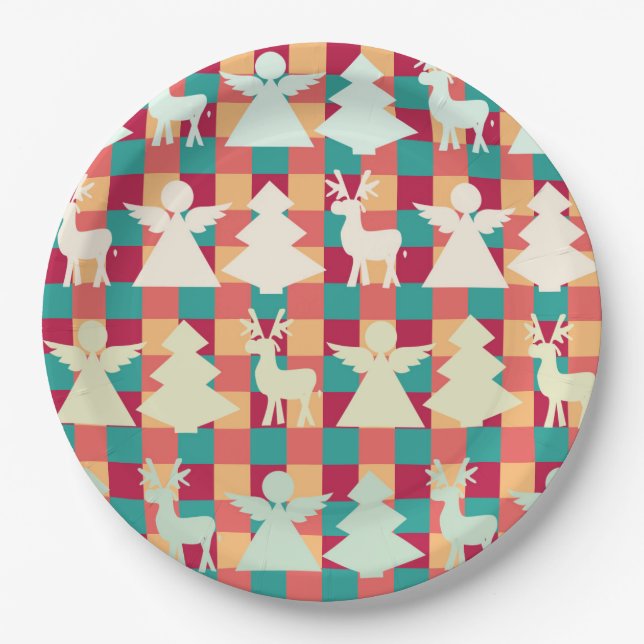 Plato De Papel Patrón controlado con ángeles, renos y árboles (Anverso)