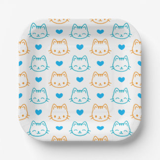 Plato De Papel Patrón cuadrado de cara de gato naranja turquesa d