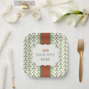 Plato De Papel Patrón de acebo de Navidad Acebo verde Bayas rojas