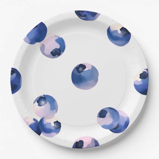 Plato De Papel Patrón de acuarela de arándanos  (Anverso)